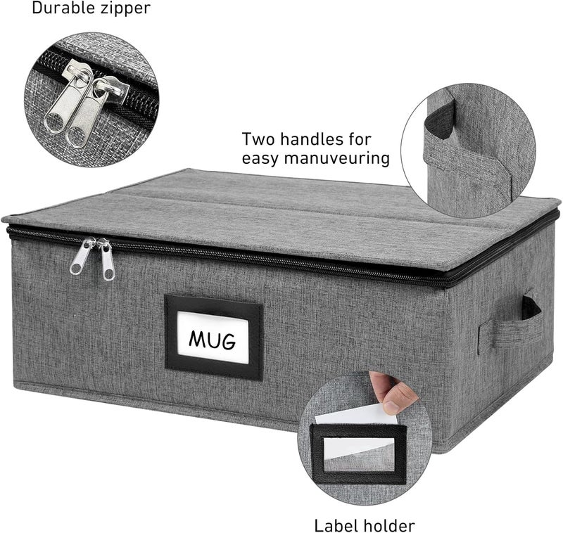 HURZMORO Mug Storage Box with 12 Compartments, Gray Hard Shell Container, Padded Dividers, Dual Handles, Zipper Lid for Coffee Cup Organization and Moving (1, Coffee Cup Storage Box) - Image 5